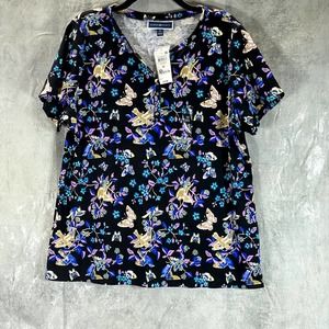 Karen Scott Women's Plus Deep Black Floral Hatched Meadow Henley Top SZ 1X